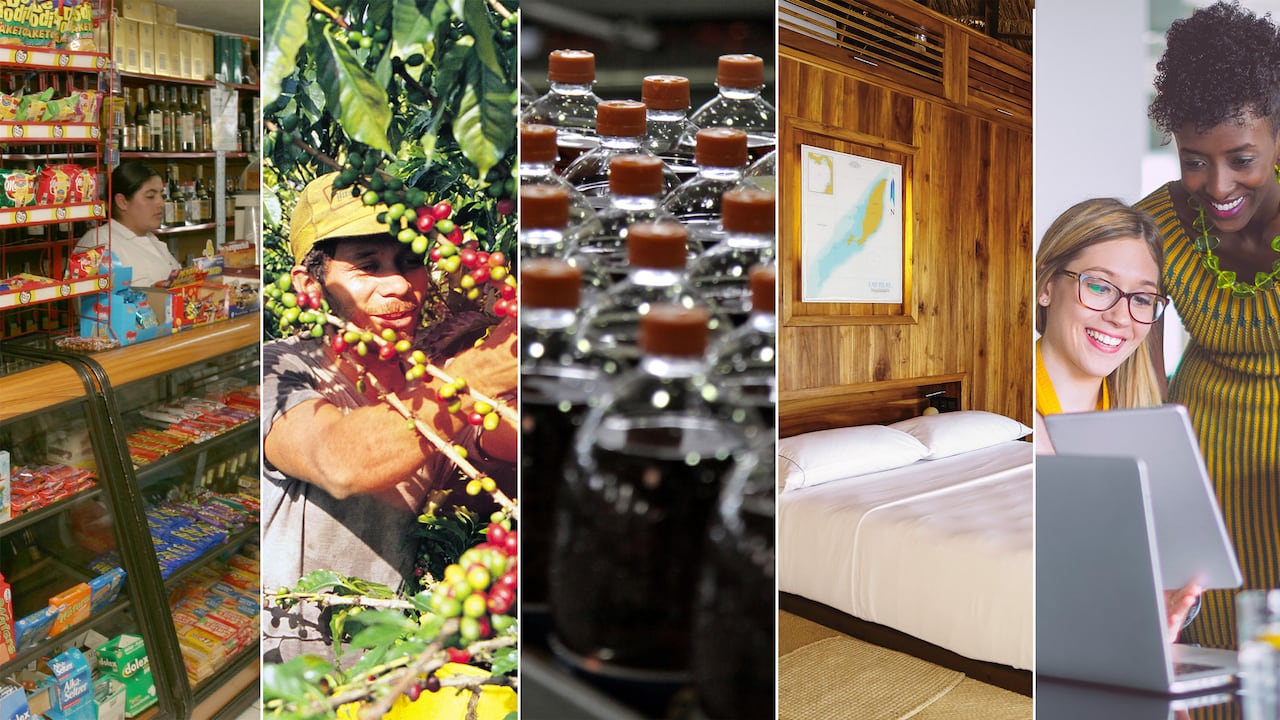 tendero, unos cafeteros, un hotel, una empresa de alimentos (ultraprocesados o azucarados) y un trabajador de oficina