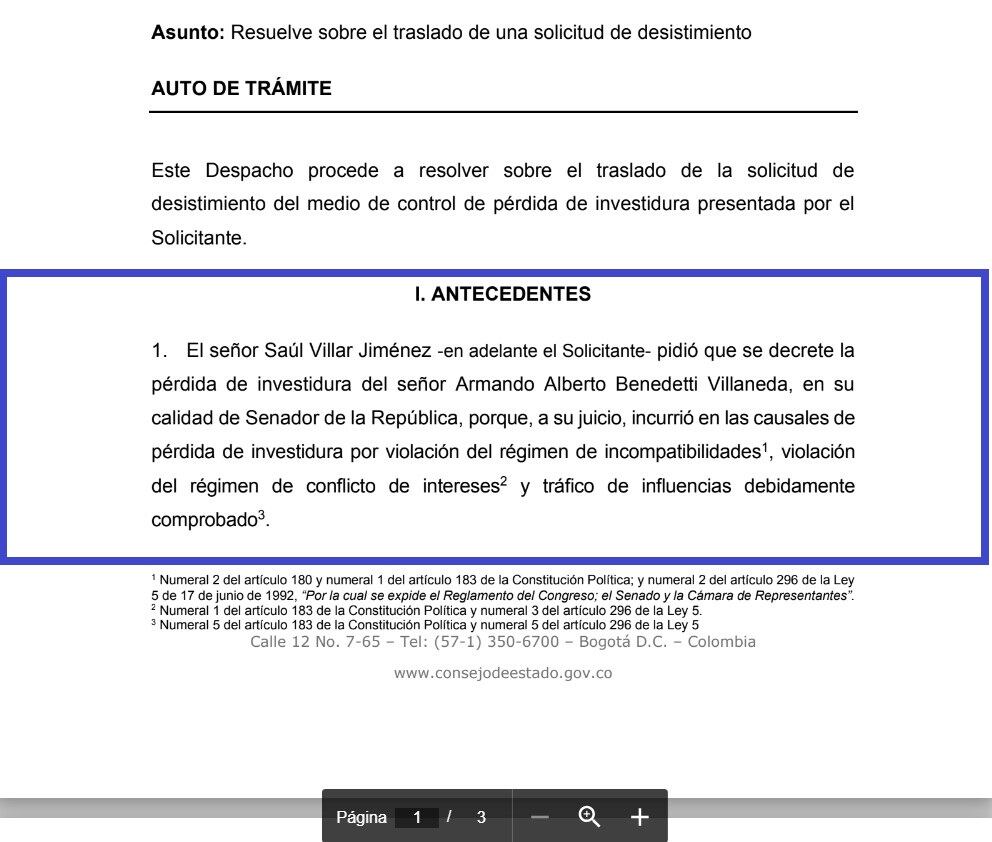 Demanda de pérdida de investidura contra el exsenador Armando Benedetti.