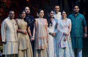 MUMBAI, INDIA - JANUARY 19 : Mukeah Ambani, Nita Ambani, Isha Ambani, Anand Piramal, Shloka Mehta and Akash Ambani attend the Anant Ambani and Radhika Merchant's engagement ceremony on January 19, 2023 in Mumbai, India (Photo by Prodip Guha/Getty Images)