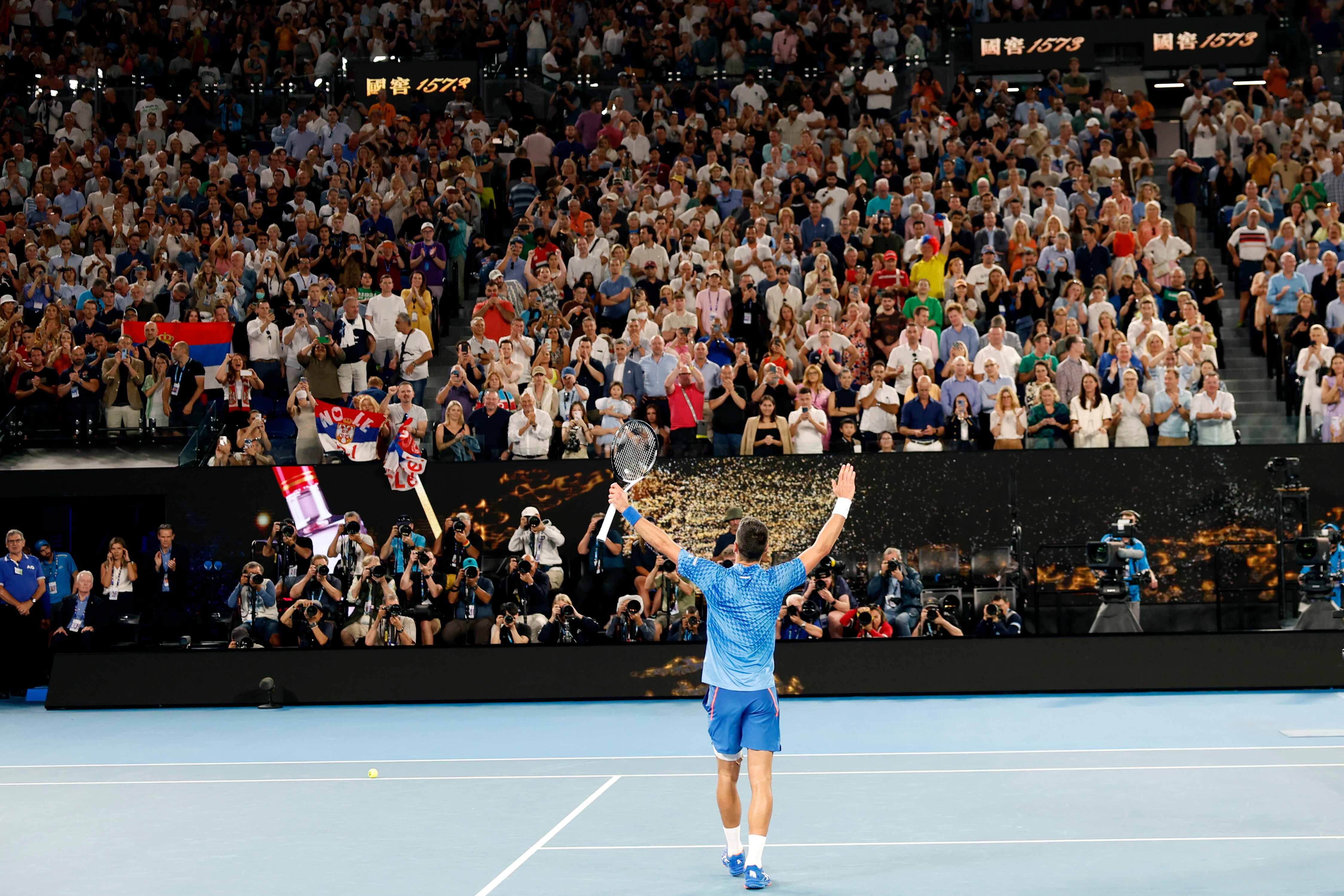 Novak Djokovic of Serbia celebrates after defeating Tommy Paul of the U.S. in their semifinal at the Australian Open tennis championship in Melbourne, Australia, Friday, Jan. 27, 2023.(AP Photo/Asanka Brendon Ratnayake)