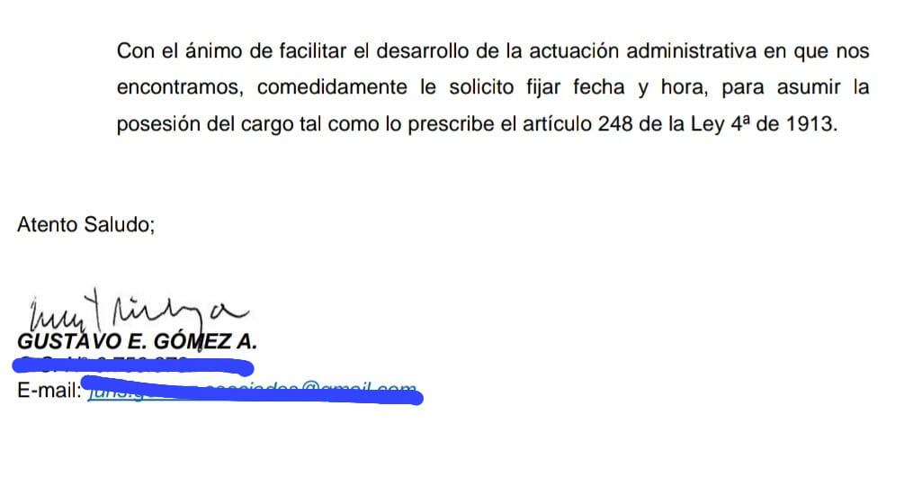 En una carta de cinco en páginas el expresidente del Consejo de Estado, Gustavo Gómez Aranguren le pidió a la directora del Dapre, Laura Sarabia que le dé fecha y hora de su posesión como nuevo director de la Agencia Jurídica de Defensa del Estado.