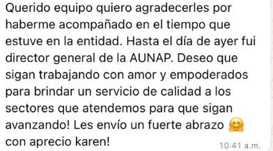 Mensaje de Karen Mejía de despedida Aunap.