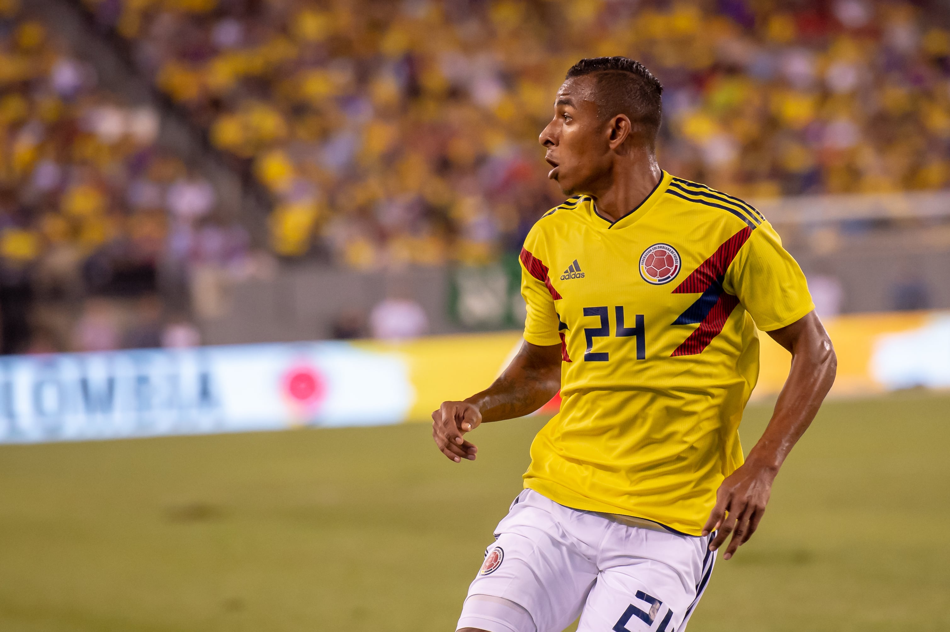EAST RUTHERFORD, NJ - SEPTEMBER 11: Colombia midfielder Sebastian Villa (24) during the first half of the International Friendly Soccer match between Argentina and Colombia on September 11, 2018 at MetLife Stadium in East Rutherford, NJ. (Photo by John Jones/Icon Sportswire via Getty Images)