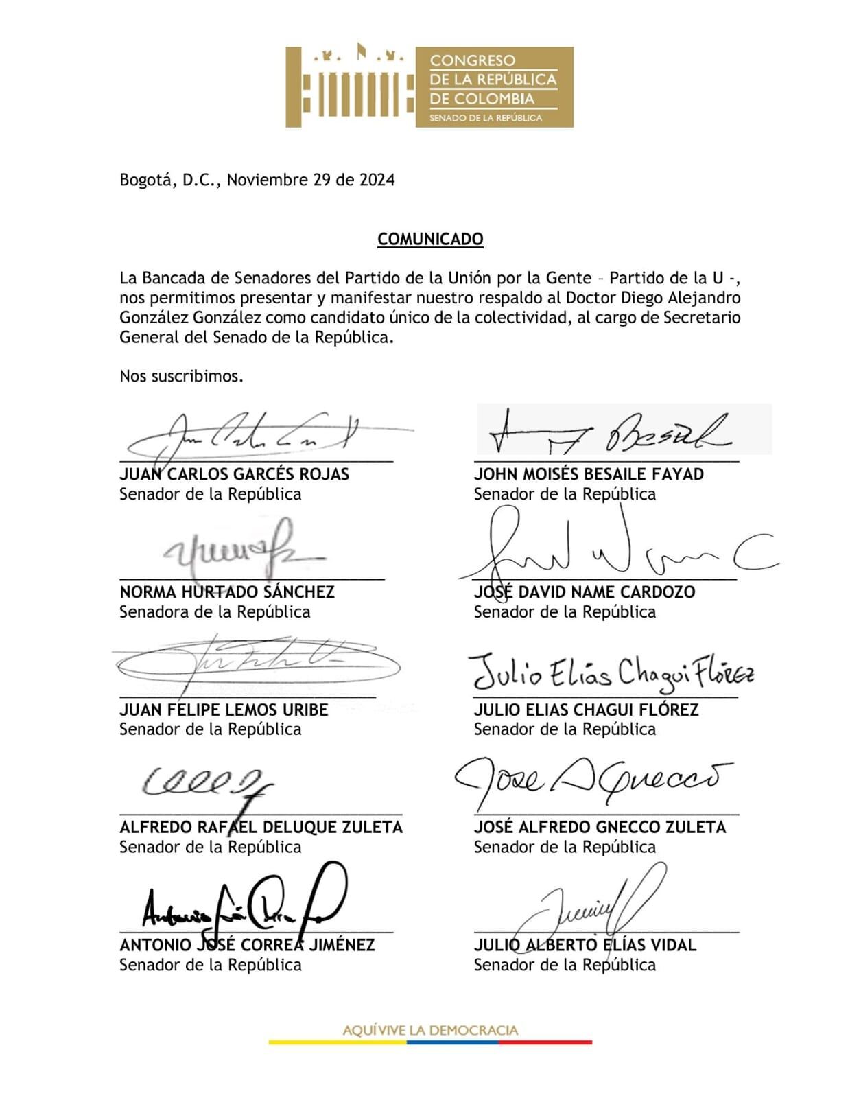 Carta del Partido de la U respaldando aspiración de Diego González.