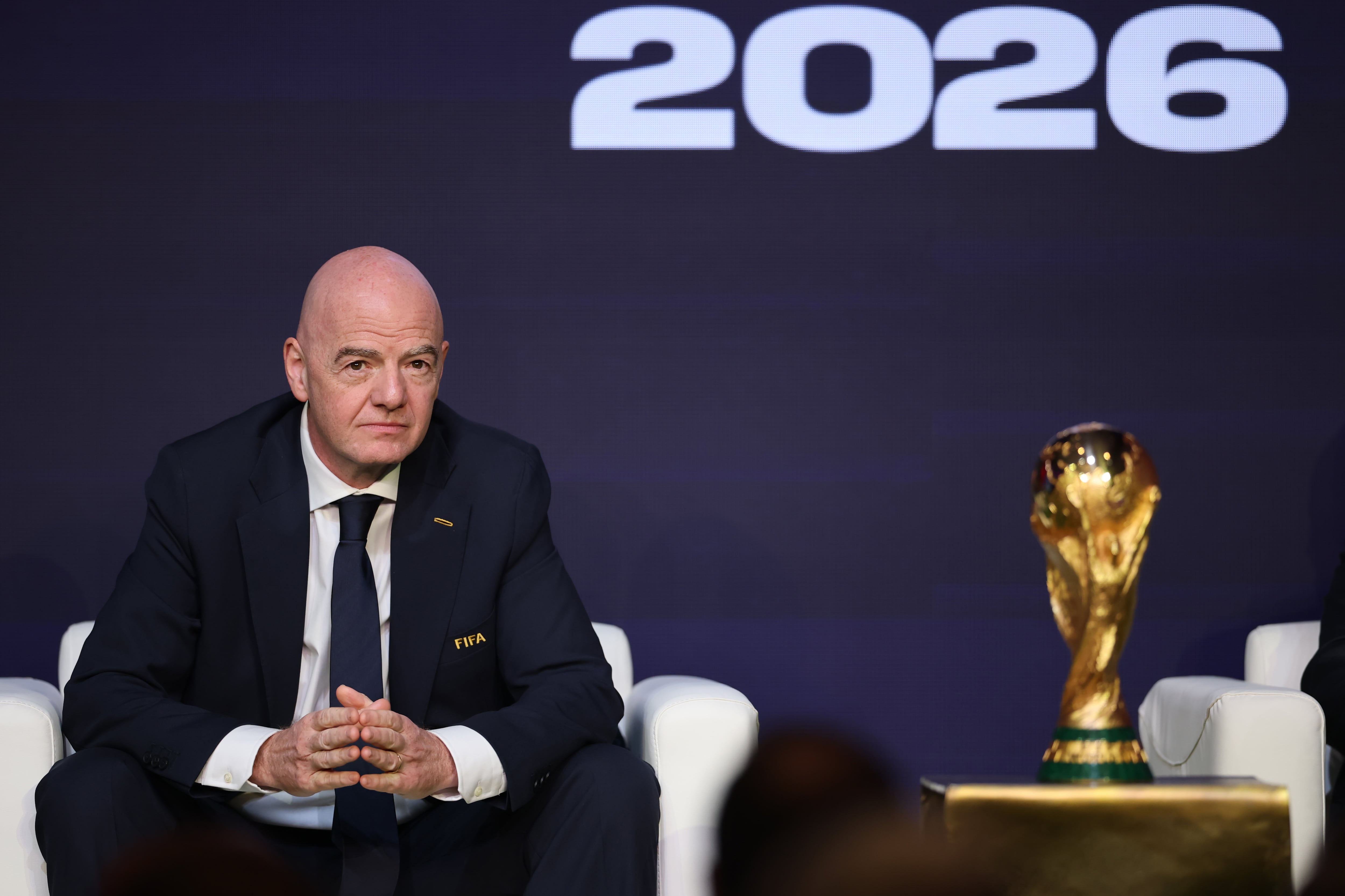 WASHINGTON, DC - DECEMBER 06: Gianni Infantino, President of FIFA, reacts during the FIFA World Cup 2026 official match schedule announcement on December 06, 2025 in Washington, DC. (Photo by Hector Vivas - FIFA/FIFA via Getty Images)