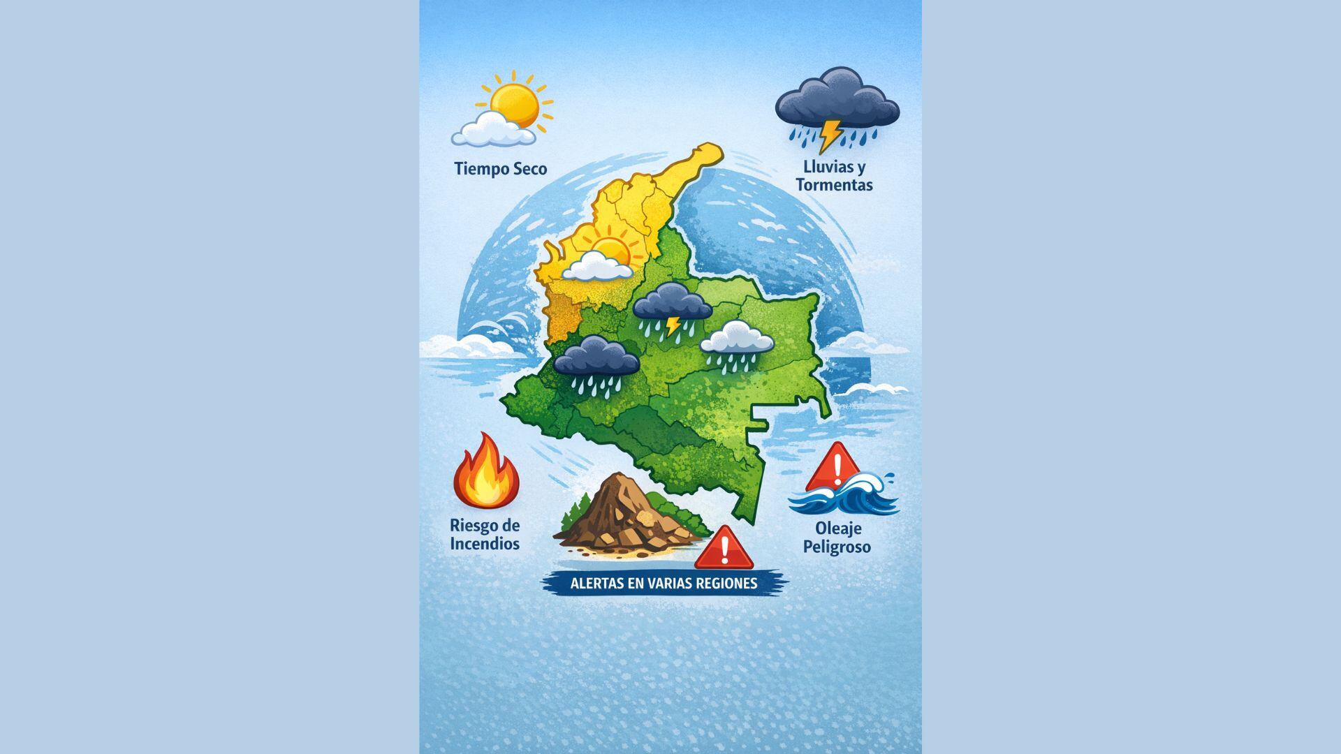 Mapa general del pronóstico nacional: sol en el Caribe, lluvias en la Andina y Pacífica, nubosidad parcial en Orinoquía y Amazonía, con alertas activas por incendios, deslizamientos y oleaje peligroso.