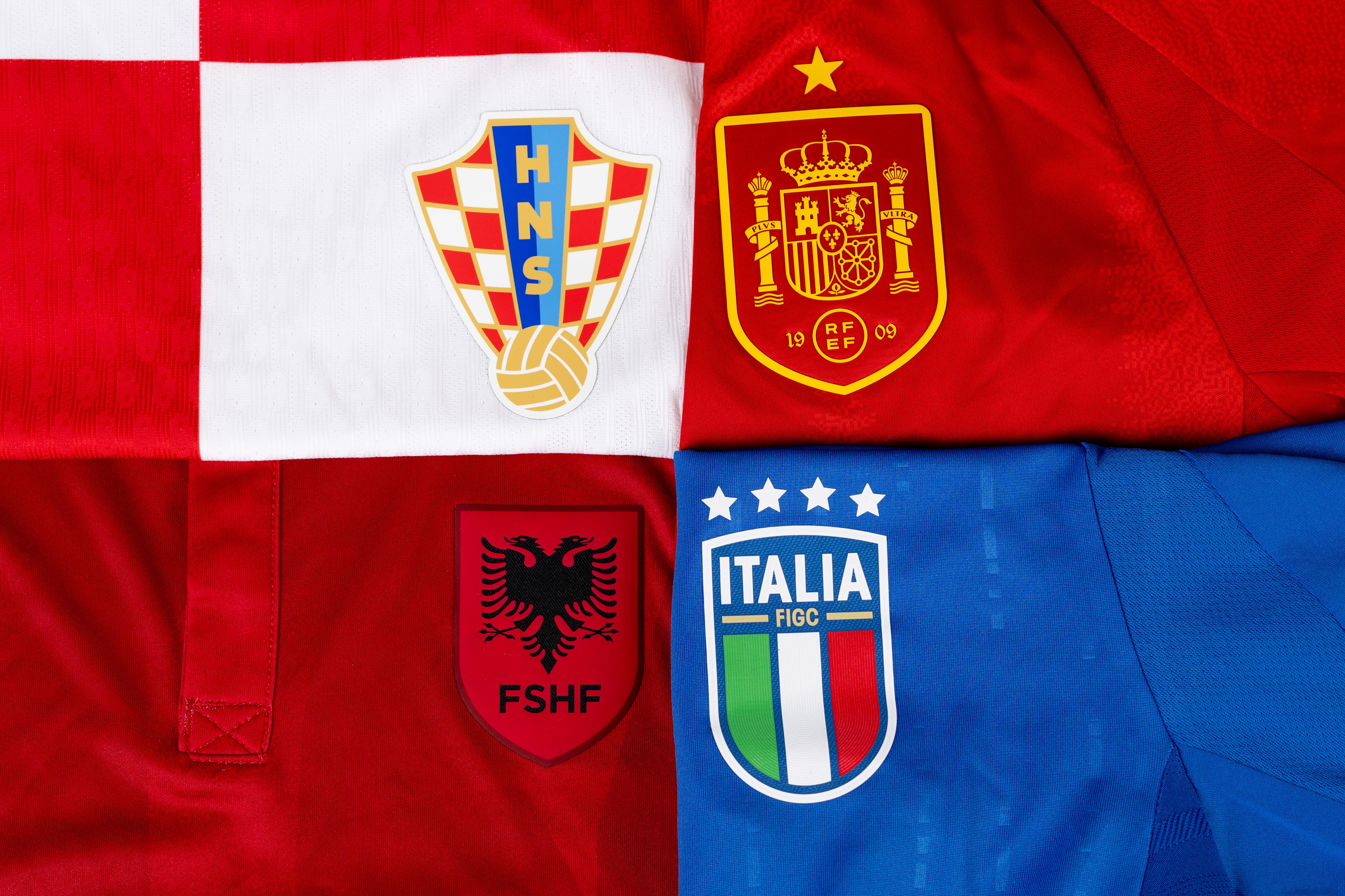 NYON, SWITZERLAND - MAY 16: A detailed view of the badge of Croatia, Spain, Albania and Italy, teams of the Group B, during the UEFA EURO 2024 Teams Jerseys Shoot at the UEFA Headquarters, The House of the European Football on May 16, 2024, in Nyon, Switzerland. (Photo by Kristian Skeie - UEFA/UEFA via Getty Images)