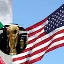 Banderas de Irán y Estados Unidos, y la copa del Mundial.