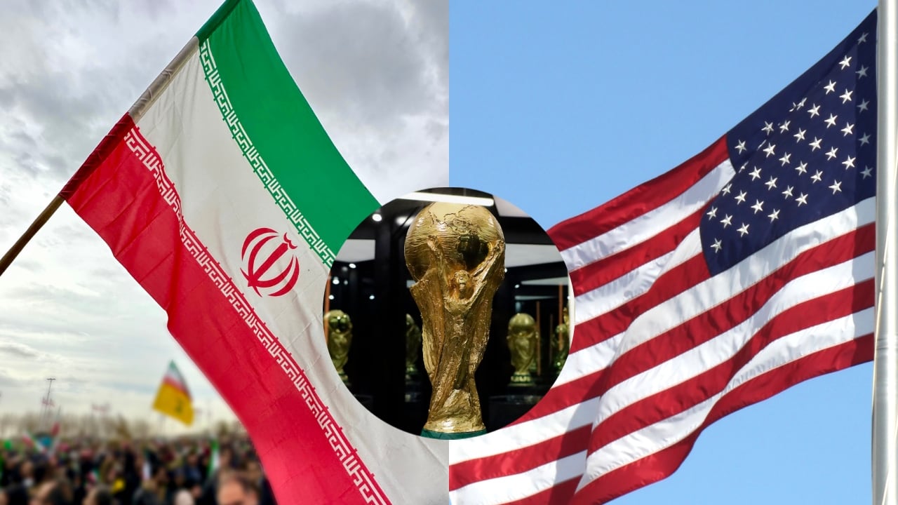 Banderas de Irán y Estados Unidos, y la copa del Mundial.