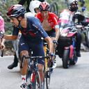 SEGA DI ALA, ITALY - MAY 26: Egan Arley Bernal Gomez of Colombia Pink Leader Jersey & Daniel Felipe Martinez Poveda of Colombia and Team INEOS Grenadiers during the 104th Giro d'Italia 2021, Stage 17 a 193km stage from Canazei to Sega di Ala 1246m / Drooped / #UCIworldtour / @girodiitalia / #Giro / on May 26, 2021 in Sega di Ala, Italy. (Photo by Luca Bettini - Pool/Getty Images)