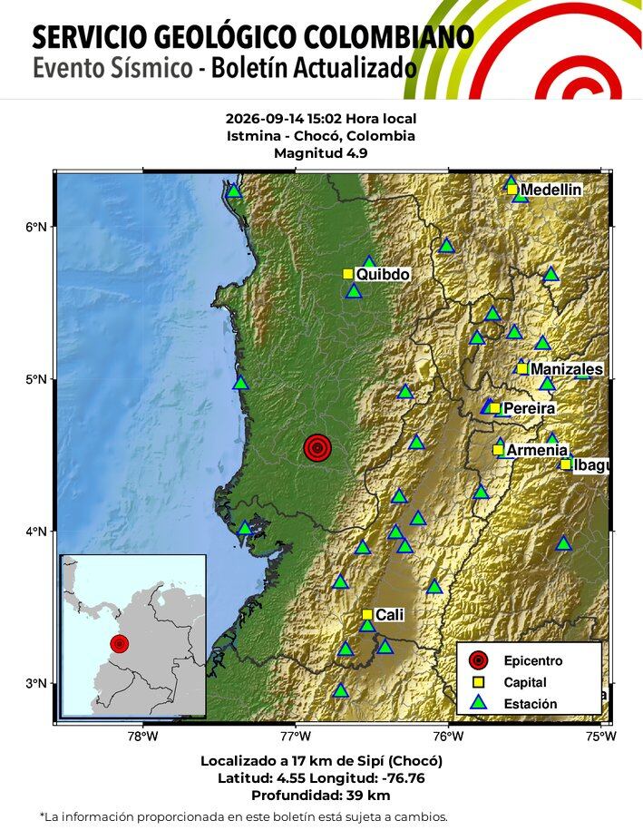 Temblor de 4,9 en la escala de Richter de este lunes, 14 de septiembre, con epicentro en Istmina, Chocó.