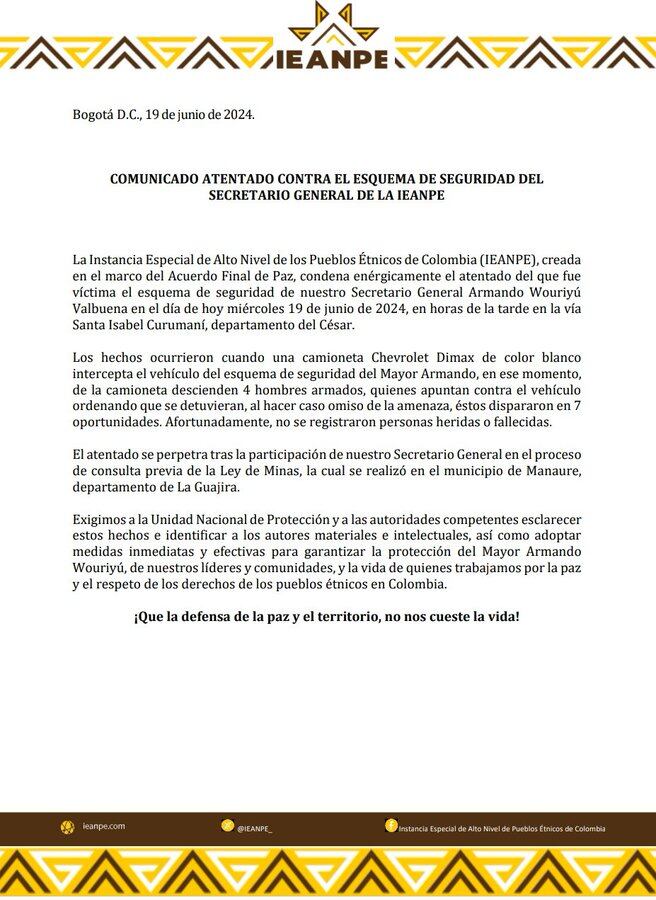 Comunicado de prensa tras atentado a disparos.