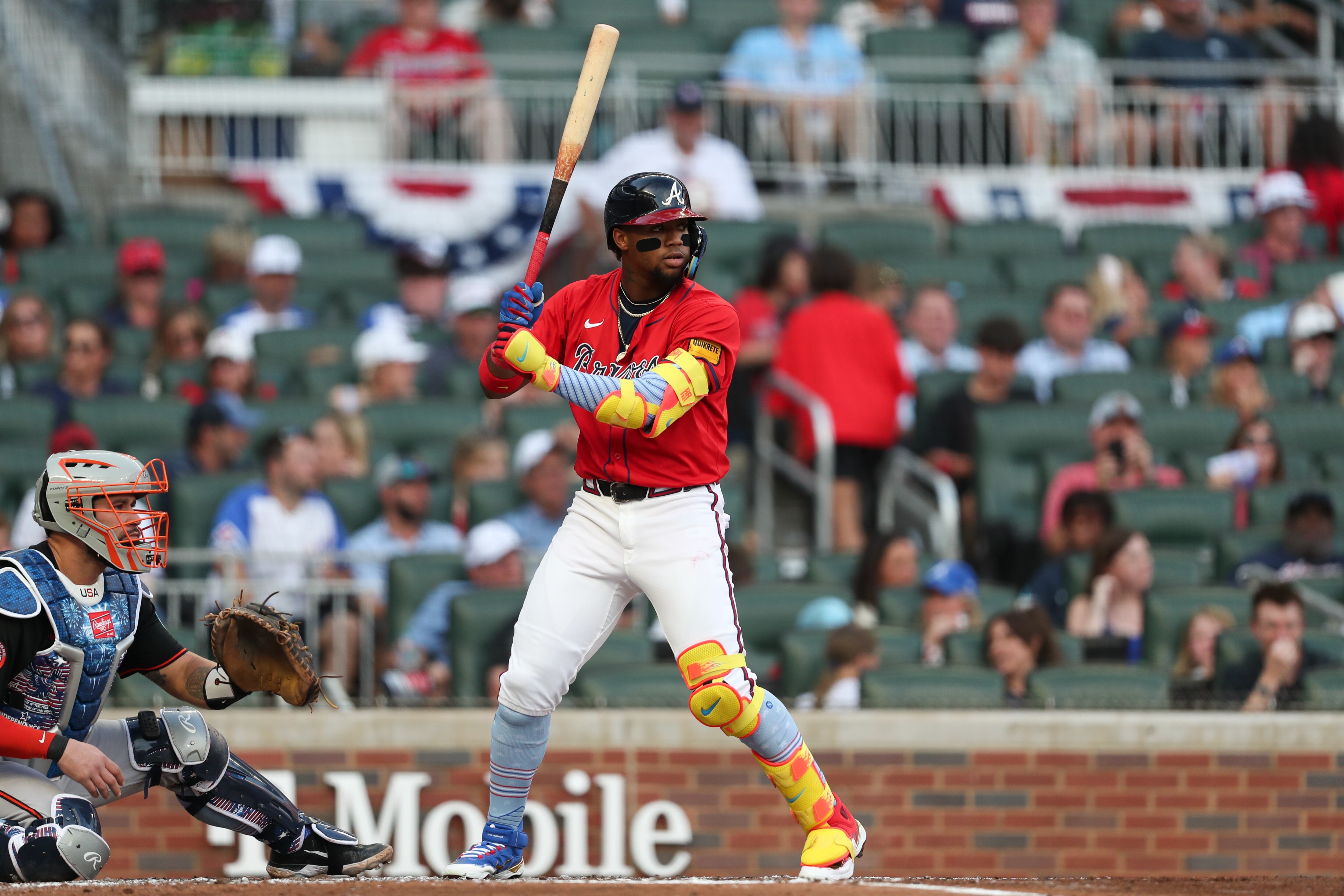 ATLANTA, GA - JULY 04: Ronald Acuña Jr. #13 of the Atlanta Braves bats in the third inning during the game between the Baltimore Orioles and the Atlanta Braves at Truist Park on Friday, July 4, 2025 in Atlanta, Georgia. (Photo by Mady Mertens/MLB Photos via Getty Images)