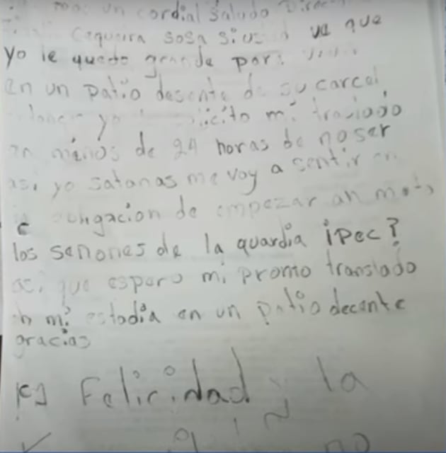 Carta de alias Satanás en la que le exige a la directora de la cárcel La Tramacúa su traslado.