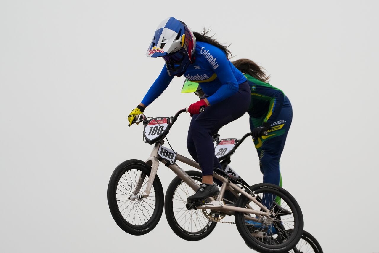 Colombia's Mariana Pajon rides in a women's BMX racing run at the Pan American Games in Santiago, Chile, Sunday, Oct. 22, 2023. (AP Photo/Dolores Ochoa)