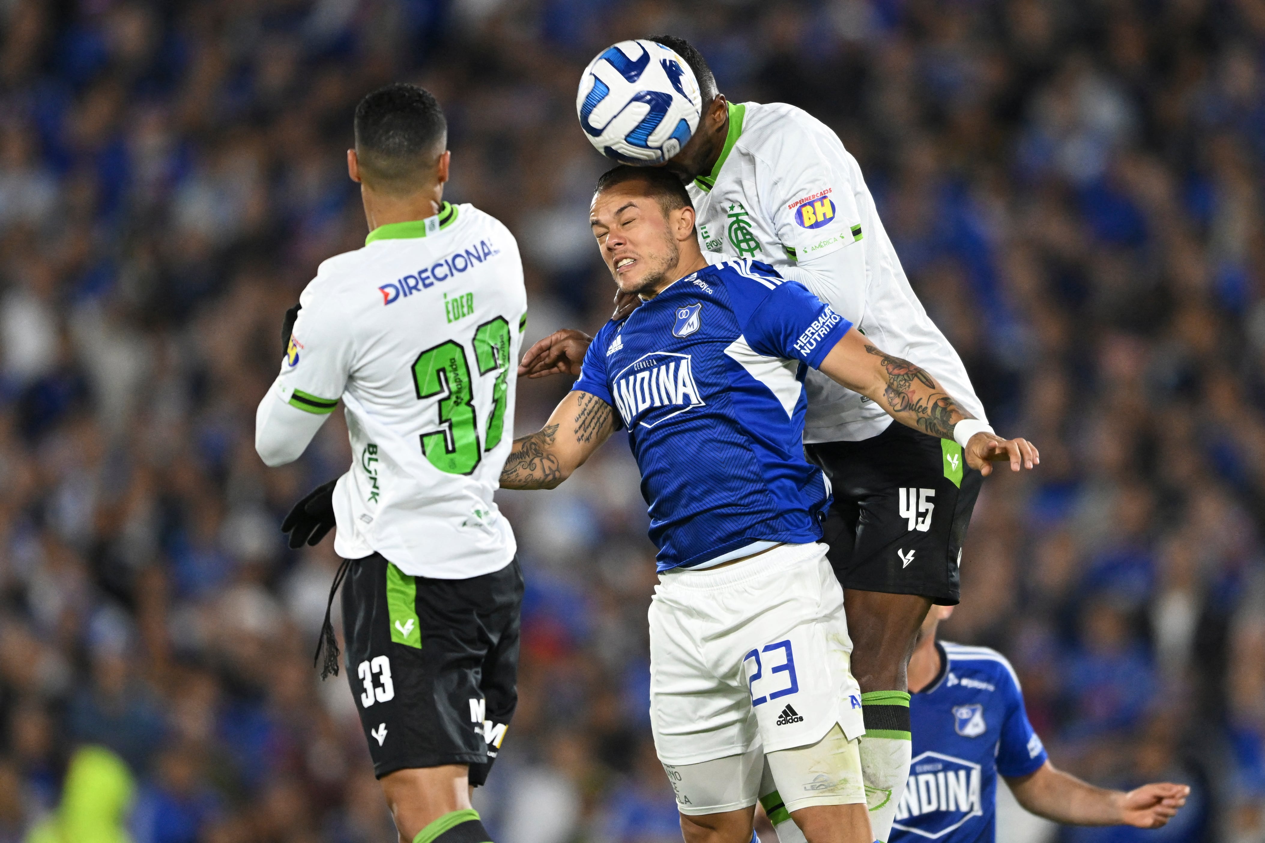 Imagen del partido entre Millonarios y América Mineiro por la fase de grupos de la Copa Sudamericana 2023.