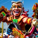 Barranquilla, Colombia - March 1, 2014 - Coloridas carrozas llenas de cantantes, bailarines y modelos recorren la calle durante la Battalla de Flores. Desfile de la cumbre del Carnaval de Barranquilla.