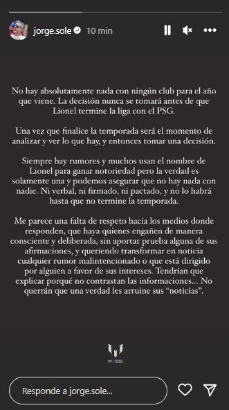 Comunicado Jorge Messi.  Foto: Captura de pantalla Instagram Jorge Messi.