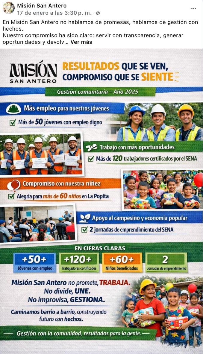 Misión San Antero destacando su gestión a través del SENA.