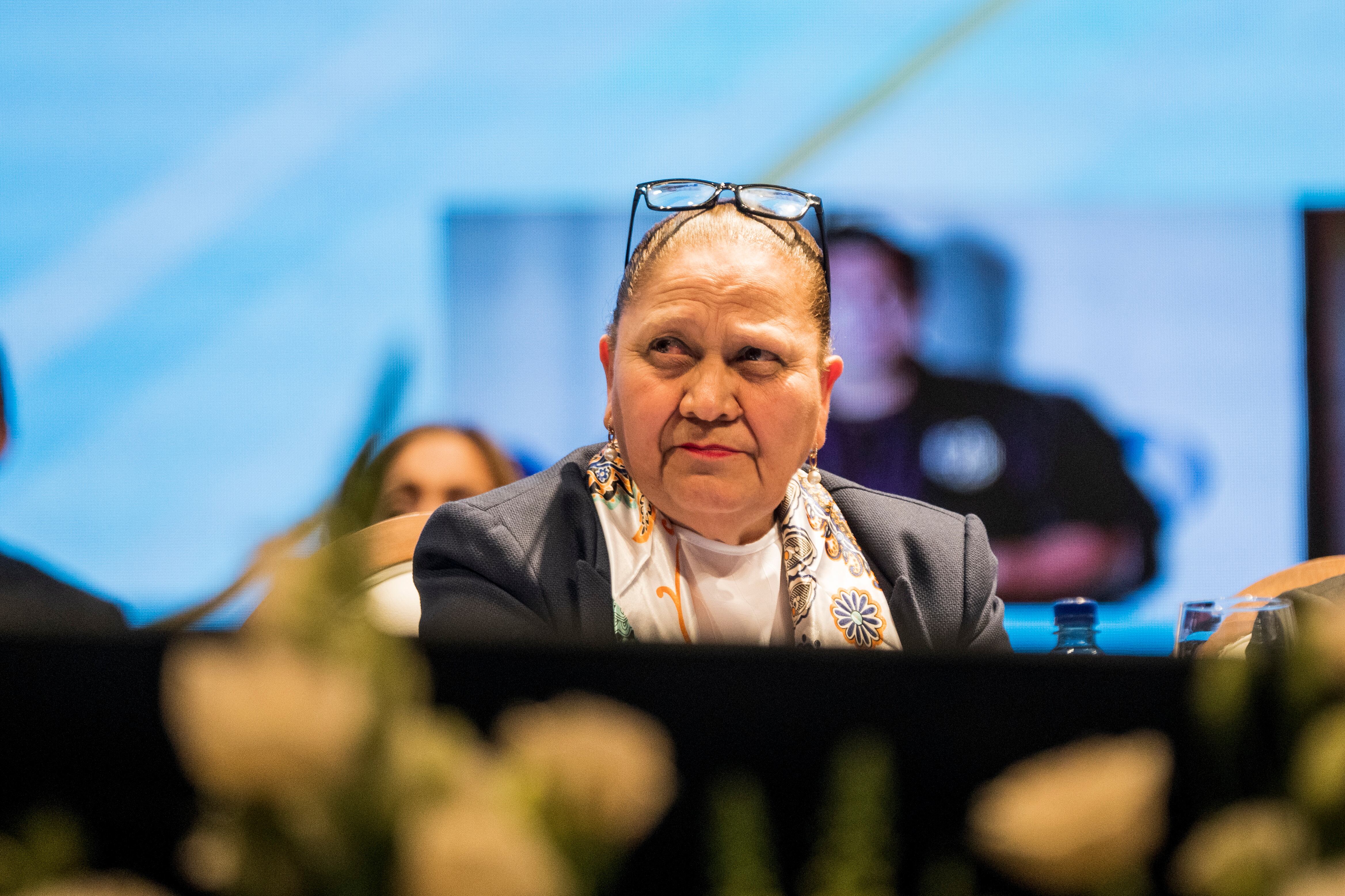 ARCHIVO - La fiscal general guatemalteca, Consuelo Porras, rinde su informe anual en Ciudad de Guatemala, el 17 de mayo de 2023. Como titular de la iniciativa penal, Porras es la cabeza de la Fiscalía General de Guatemala. (AP Foto/Moisés Castillo, Archivo)