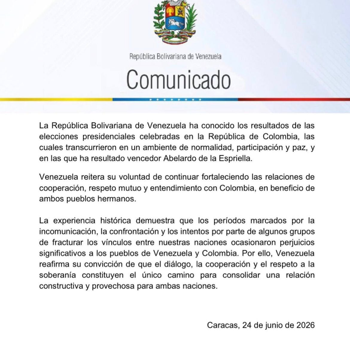 Comunicado emitido por el gobierno de Delcy Rodríguez