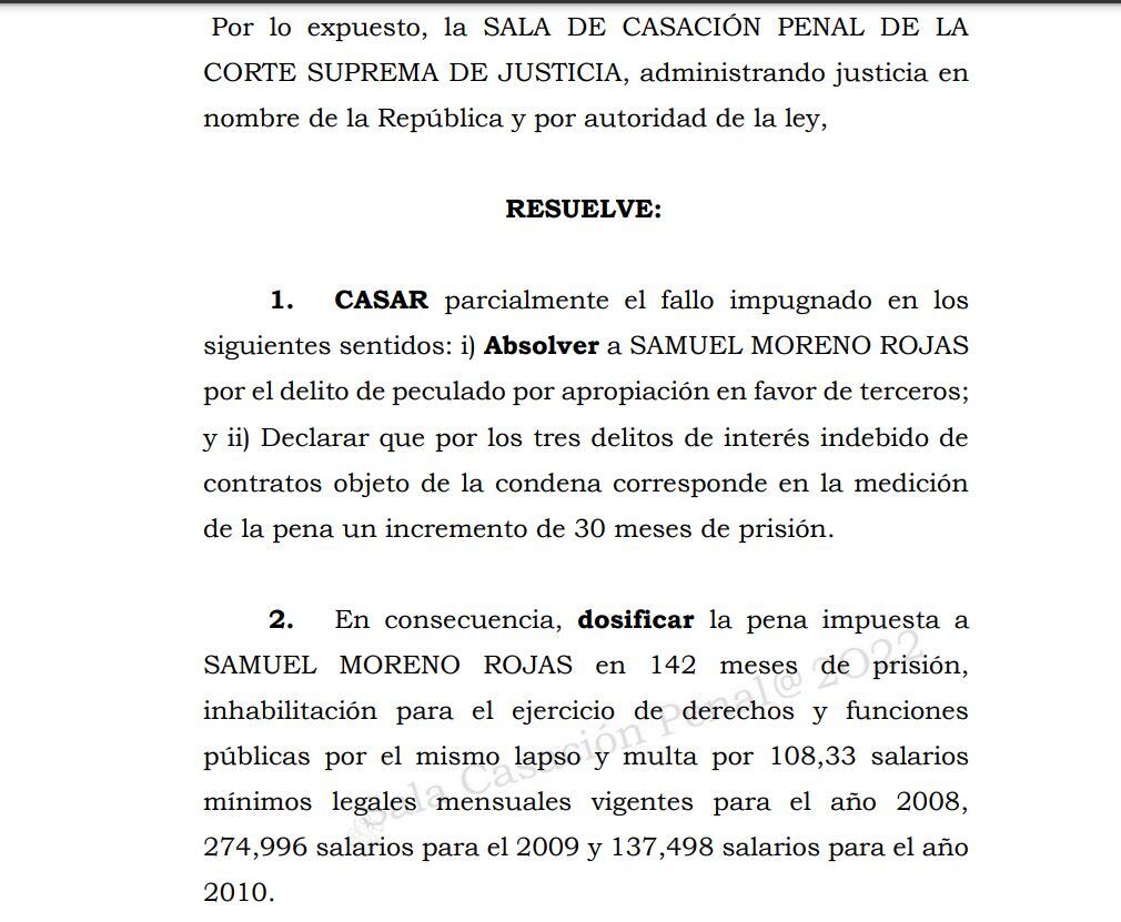 Fallo de la Corte Suprema que rebajó condena a Samuel Moreno Rojas.