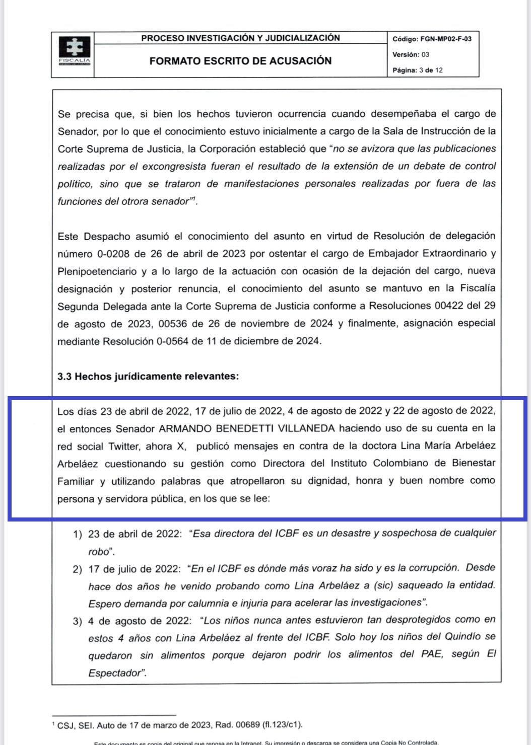 Corte Suprema asumirá proceso contra el ministro del Interior, Armando Benedetti.