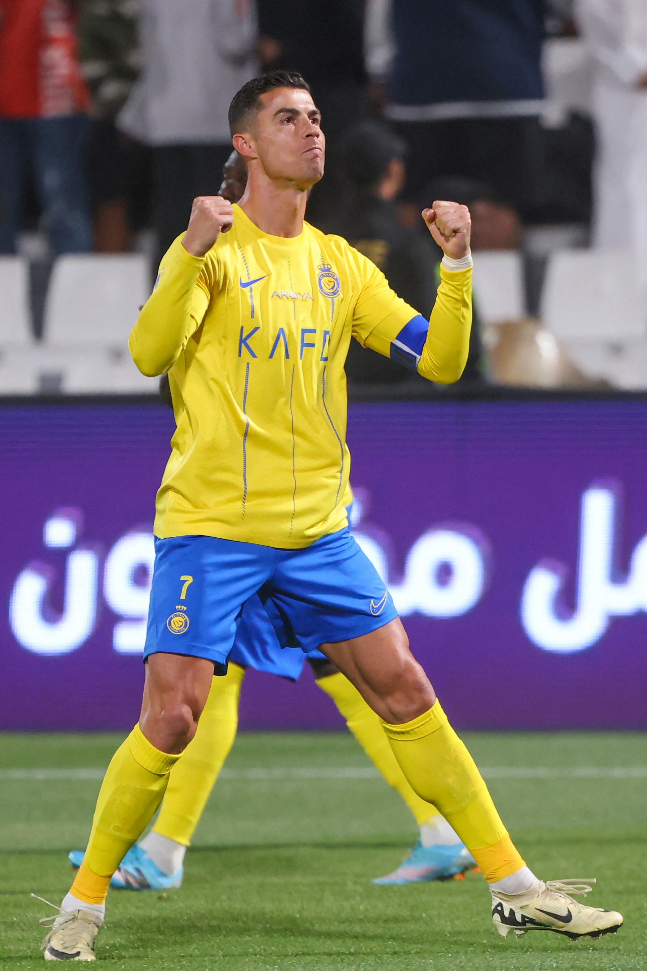 Nassr's Portuguese forward #07 Cristiano Ronaldo celebrates his team's first goal during the Saudi Pro League football match between Al-Shabab and Al-Nassr at the Al-Shabab Club Stadium in Riyadh on February 25, 2024. (Photo by Fayez NURELDINE / AFP)
