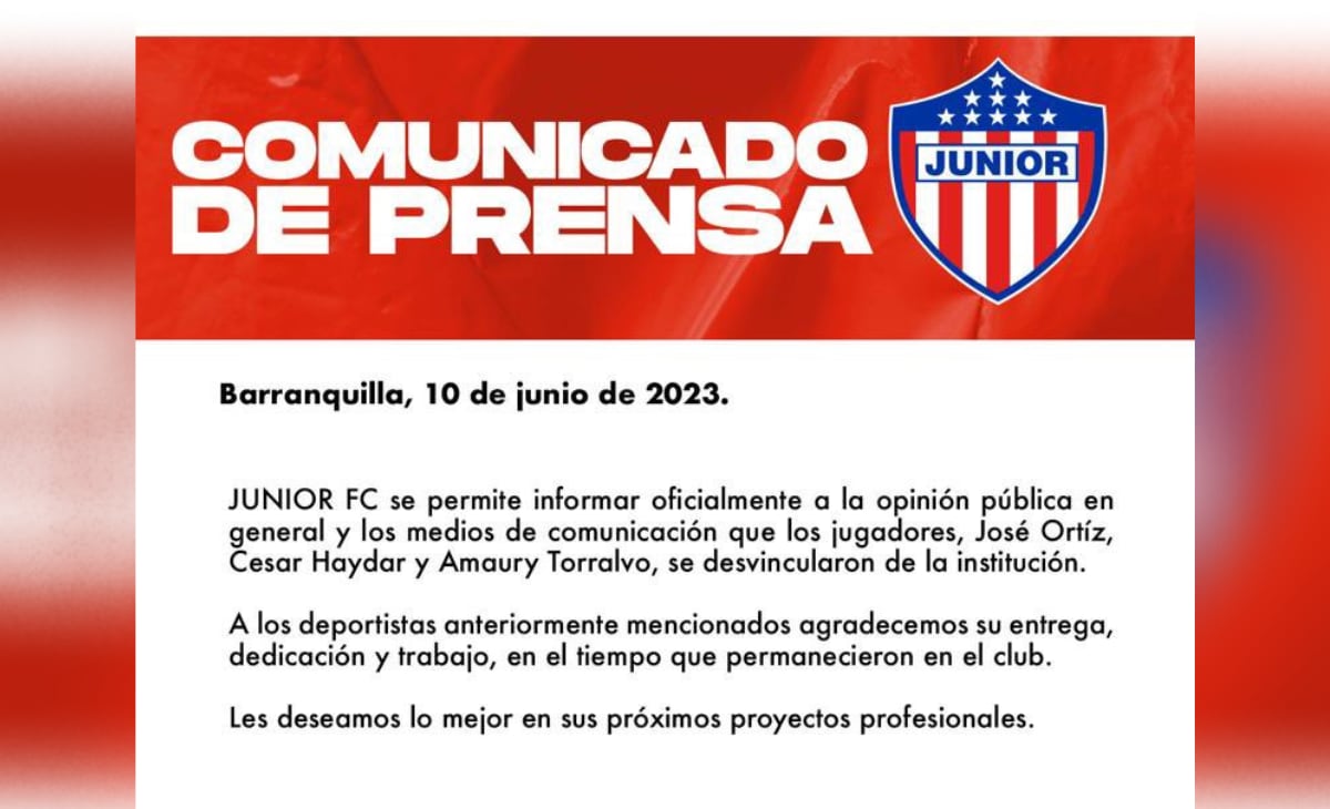 Comunicado Junior sobre salidas de jugadores.