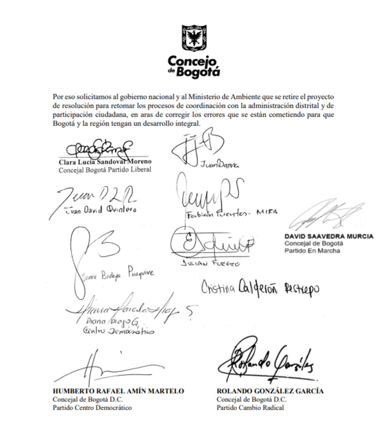 Concejales que firmaron la carta contra para pedir que el gobierno frene la resolución de restructuración de la sabana de Bogotá.