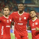 Tomás Ángel, Dany Rosero y Yeison Guzmán celebrando el gol de América vs. Águilas Doradas