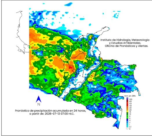Mapa del clima para el domingo 12 de julio en Colombia.