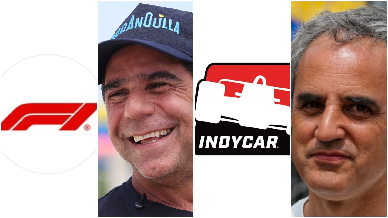 De izquierda a derecha: El logo de la Fórmula Uno; Alejandro Char, alcalde de Barranquilla; el logo de la IndyCar y Juan Pablo Montoya, piloto colombiano retirado
