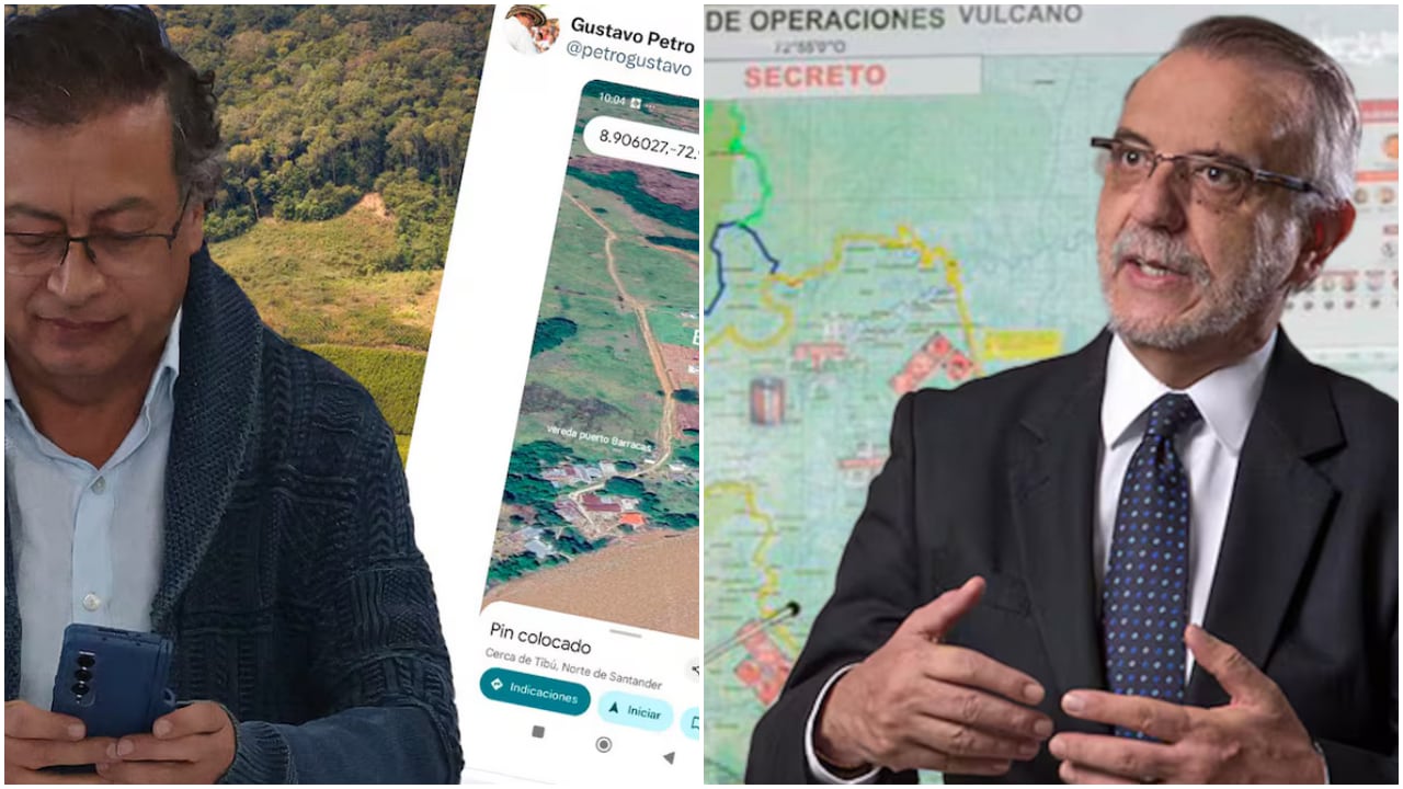 El presidente de Colombia, Gustavo Petro, y al fondo el mapa que publicó en y borró de X. A la derecha, el ministro de Defensa, Iván Velásquez. Al fondo de él, el mapa "secreto" militar que reveló Presidencia de Colombia a través de X