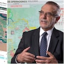 El presidente de Colombia, Gustavo Petro, y al fondo el mapa que publicó en y borró de X. A la derecha, el ministro de Defensa, Iván Velásquez. Al fondo de él, el mapa "secreto" militar que reveló Presidencia de Colombia a través de X