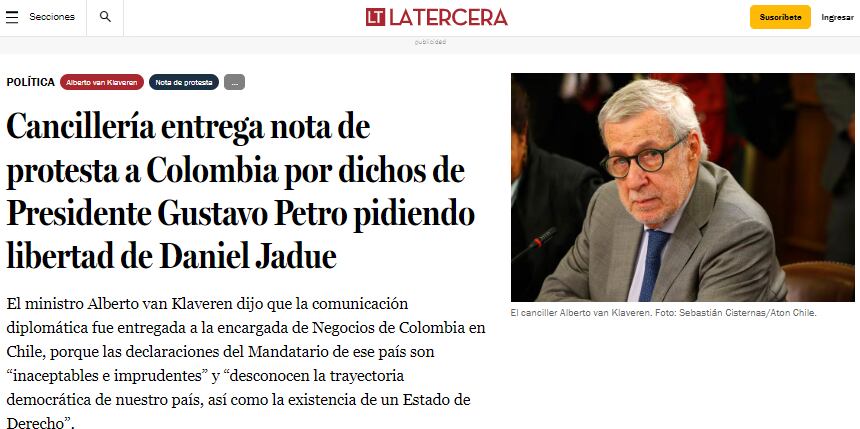 Portada del aertículo del diario La Tercera