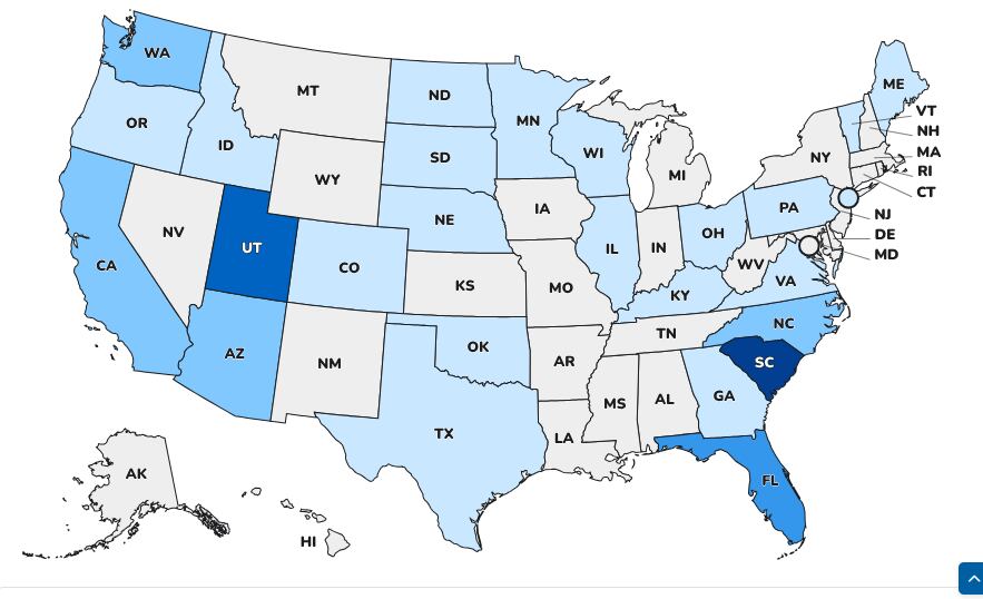 Mapa de sarampión Estados Unidos, actualizado febrero 2026 (las zonas azules son las más afectadas por la enfermedad).