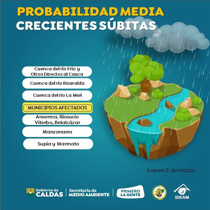 Se tiene que los municipios de Manizales, Marquetalia, Palestina, Pensilvania, Samaná y Victoria en alerta naranja por probabilidad de deslizamiento
