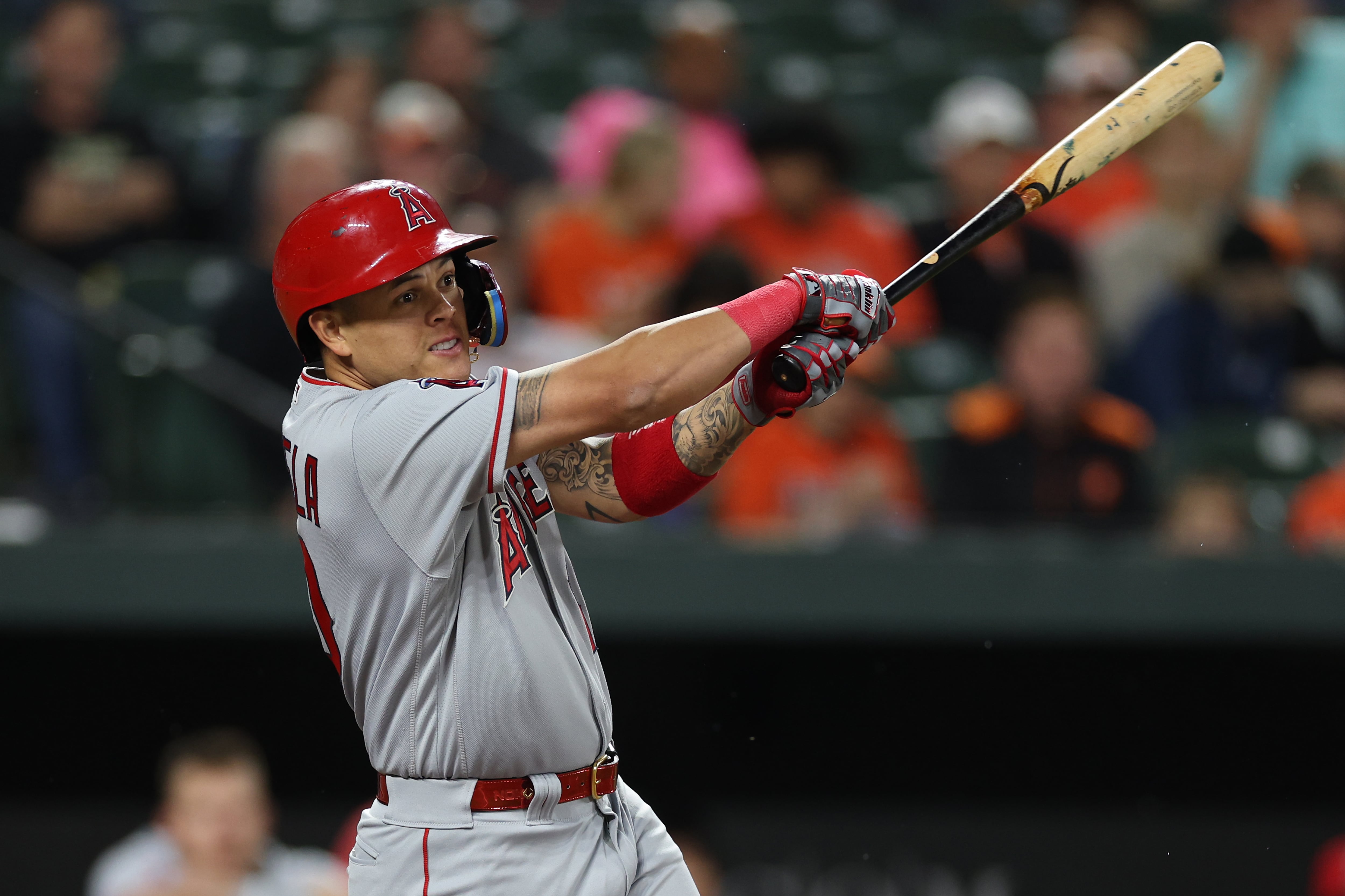 BALTIMORE, MARYLAND - MAY 16: Gio Urshela #10 of the Los Angeles Angels bats against the Baltimore Orioles at Oriole Park at Camden Yards on May 16, 2023 in Baltimore, Maryland. (Photo by Patrick Smith/Getty Images)