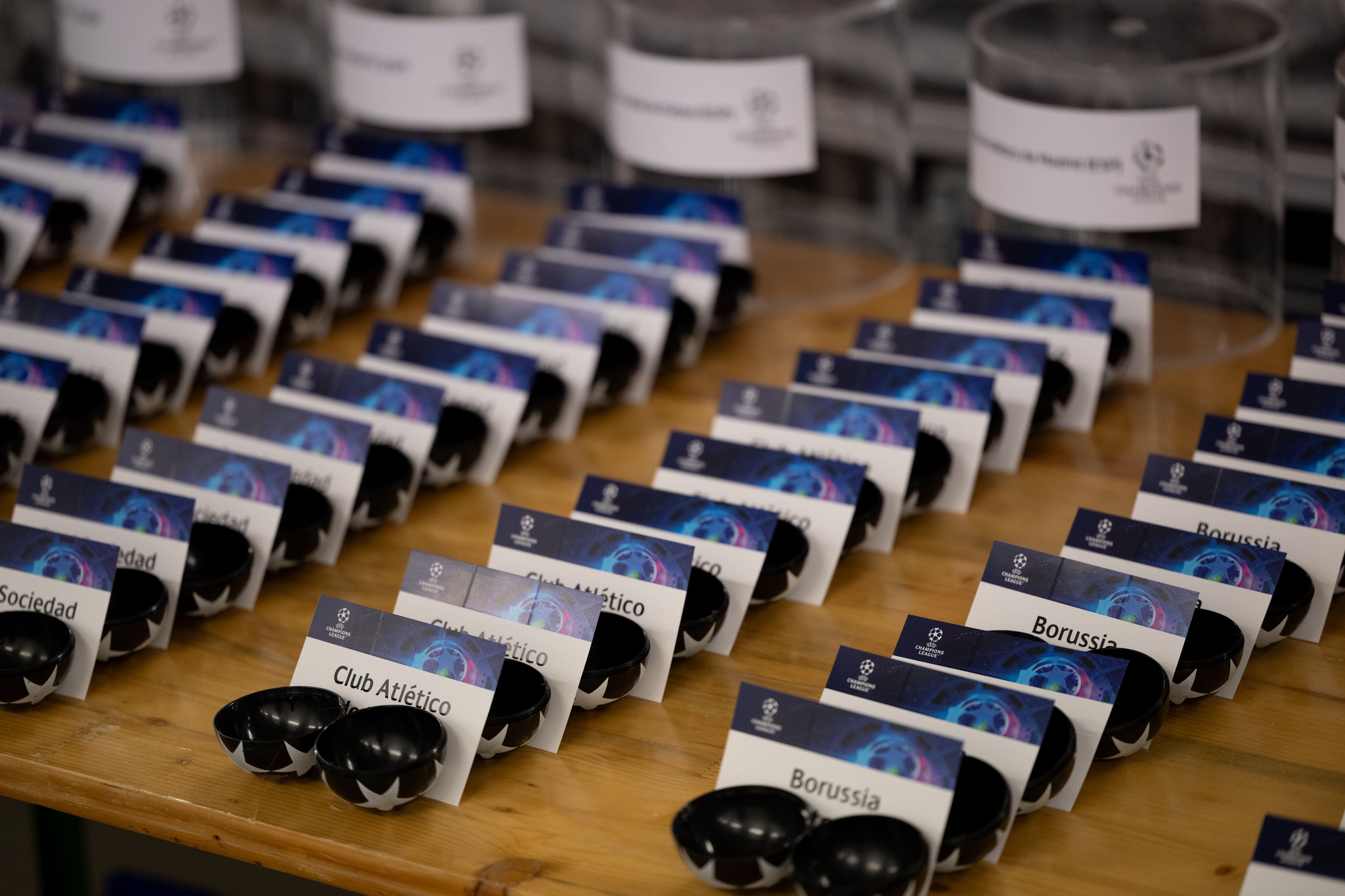 NYON, SWITZERLAND - DECEMBER 18: A view of the draw cards and balls prior to the UEFA Champions League 2023/24 Round of 16 Draw at the UEFA Headquarters, the House of European Football, on December 18, 2023 in Nyon, Switzerland (Photo by Kristian Skeie - UEFA/UEFA via Getty Images)