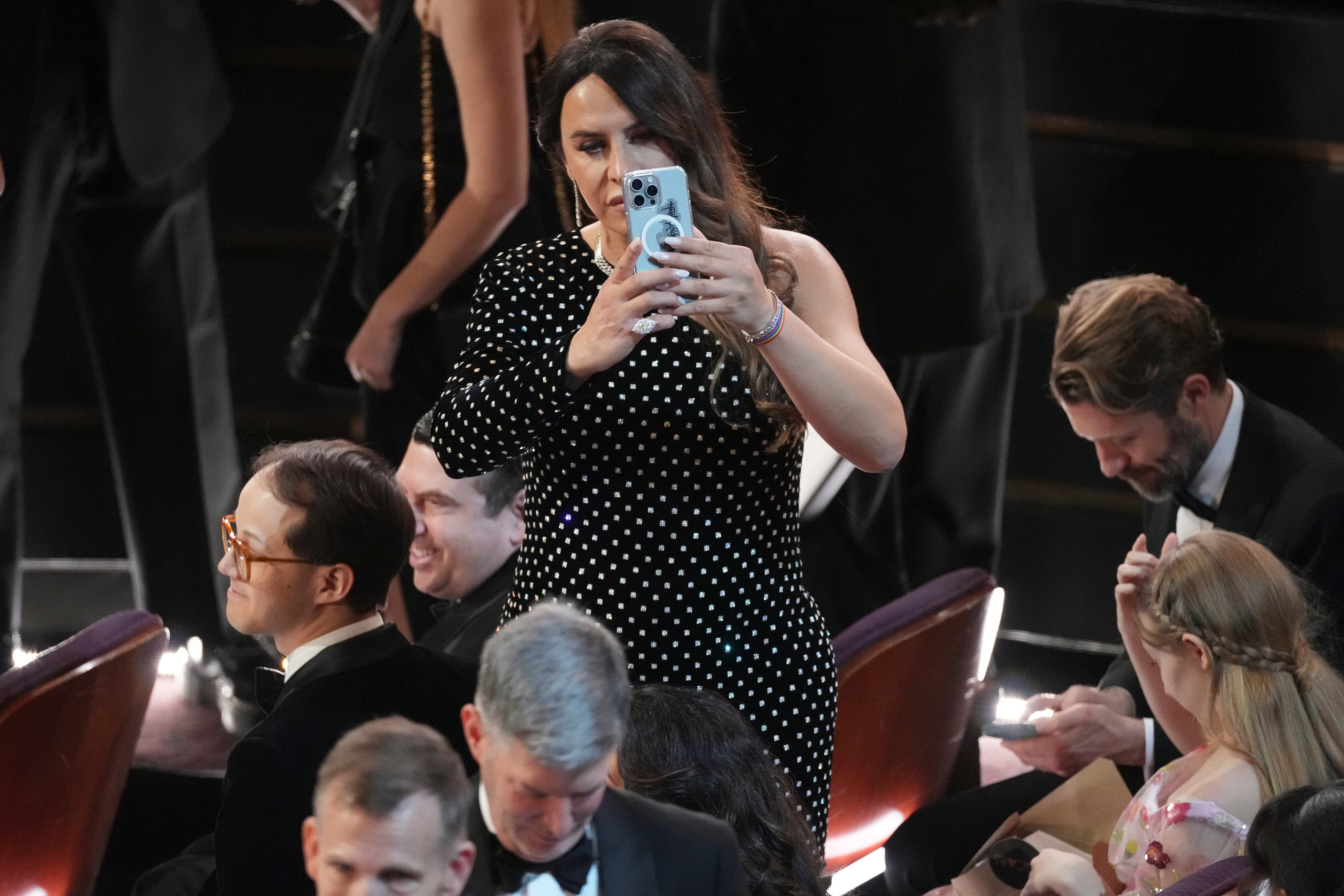 Karla Sofía Gascón in the audience during the Oscars on Sunday, March 2, 2025, at the Dolby Theatre in Los Angeles. (AP Photo/Chris Pizzello)