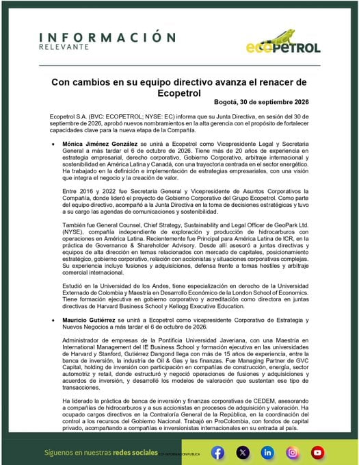 Ecopetrol renueva su equipo directivo con tres nuevos vicepresidentes.