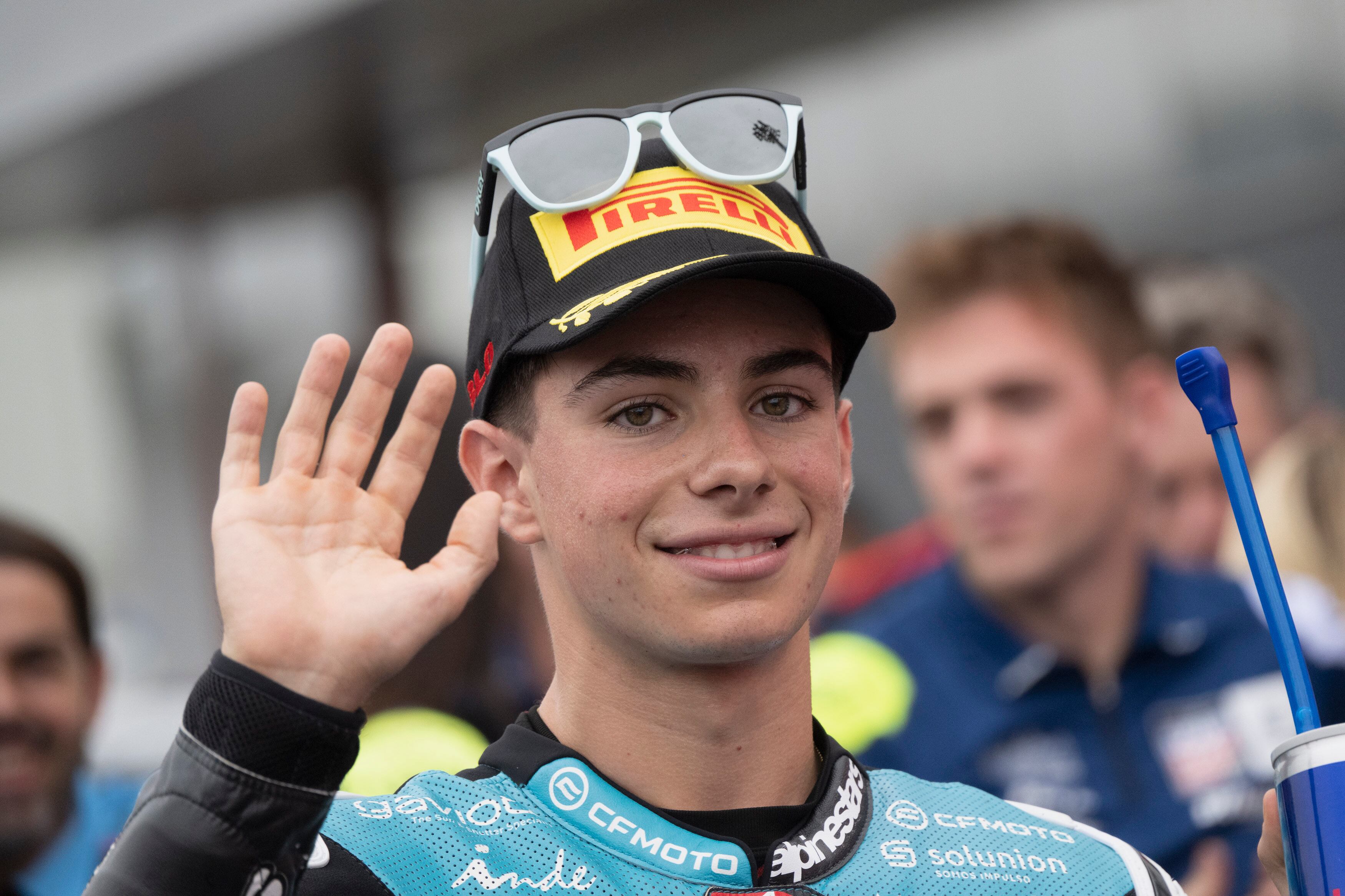 MOTEGI, JAPAN - OCTOBER 05: David Alonso of Colombia and  CFMOTO Aspar Team celebrates the third place during the Moto3 qualifying practice during the MotoGP Of Japan - Qualifying  at Twin Ring Motegi on October 05, 2024 in Motegi, Japan. (Photo by Mirco Lazzari gp/Getty Images)