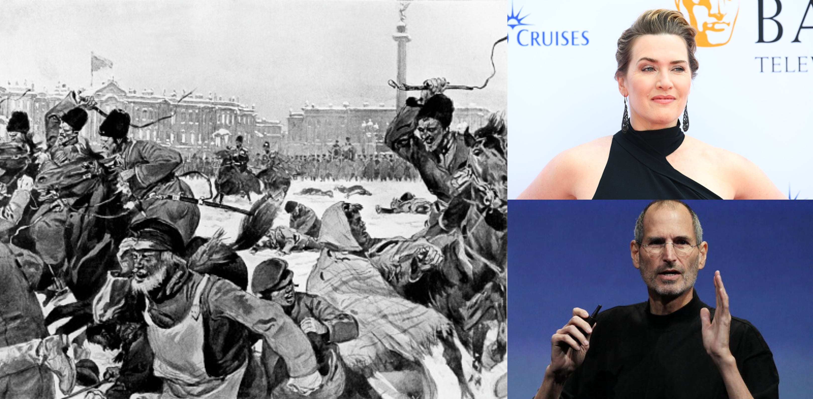 En la imagen: Ilustración del Domingo Sangriento, la actriz Kate Winslet y Steve Jobs.