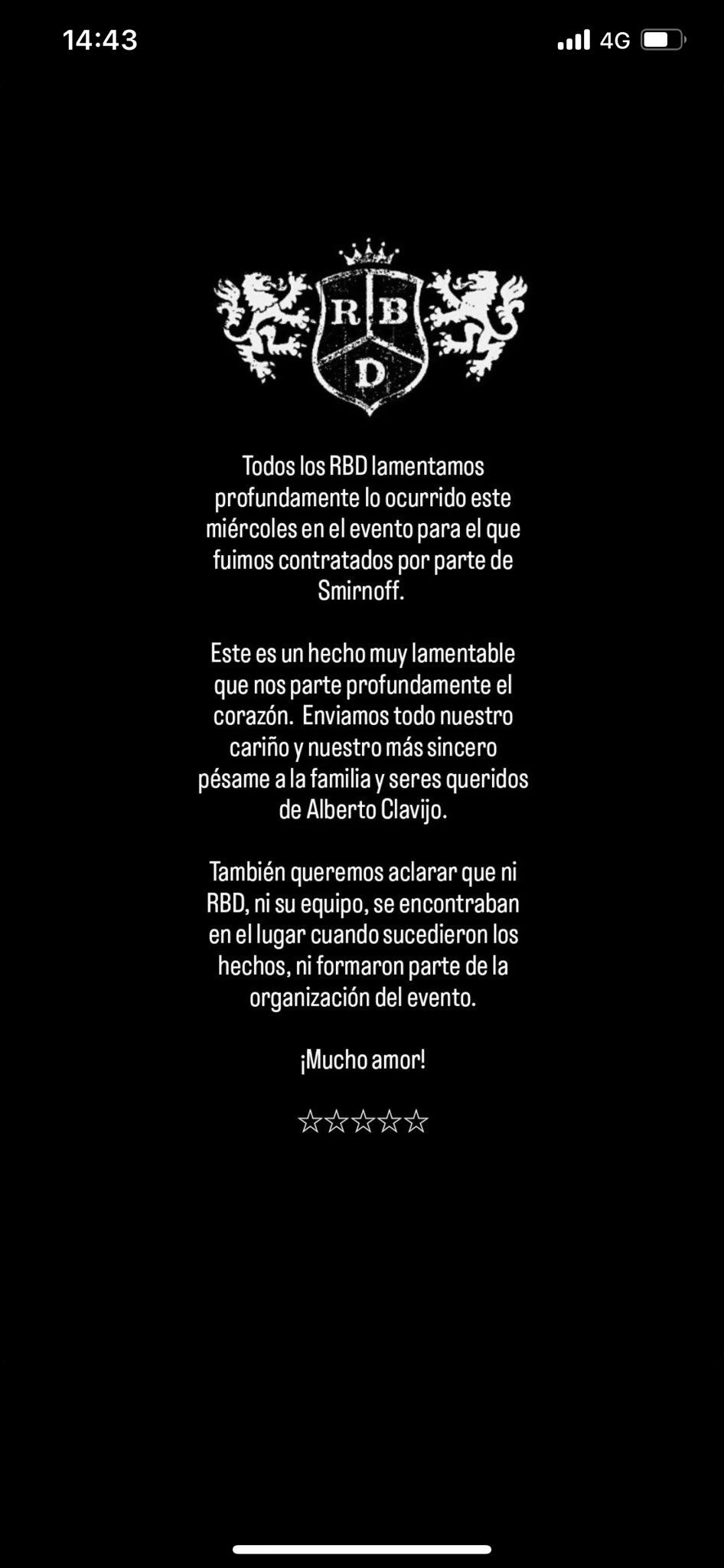 Comunicado RBD sobre muerte de Alberto Clavijo.