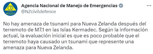 La Agencia Nacional de Gestión de Desastres informa que no hay amenaza de tsunami.