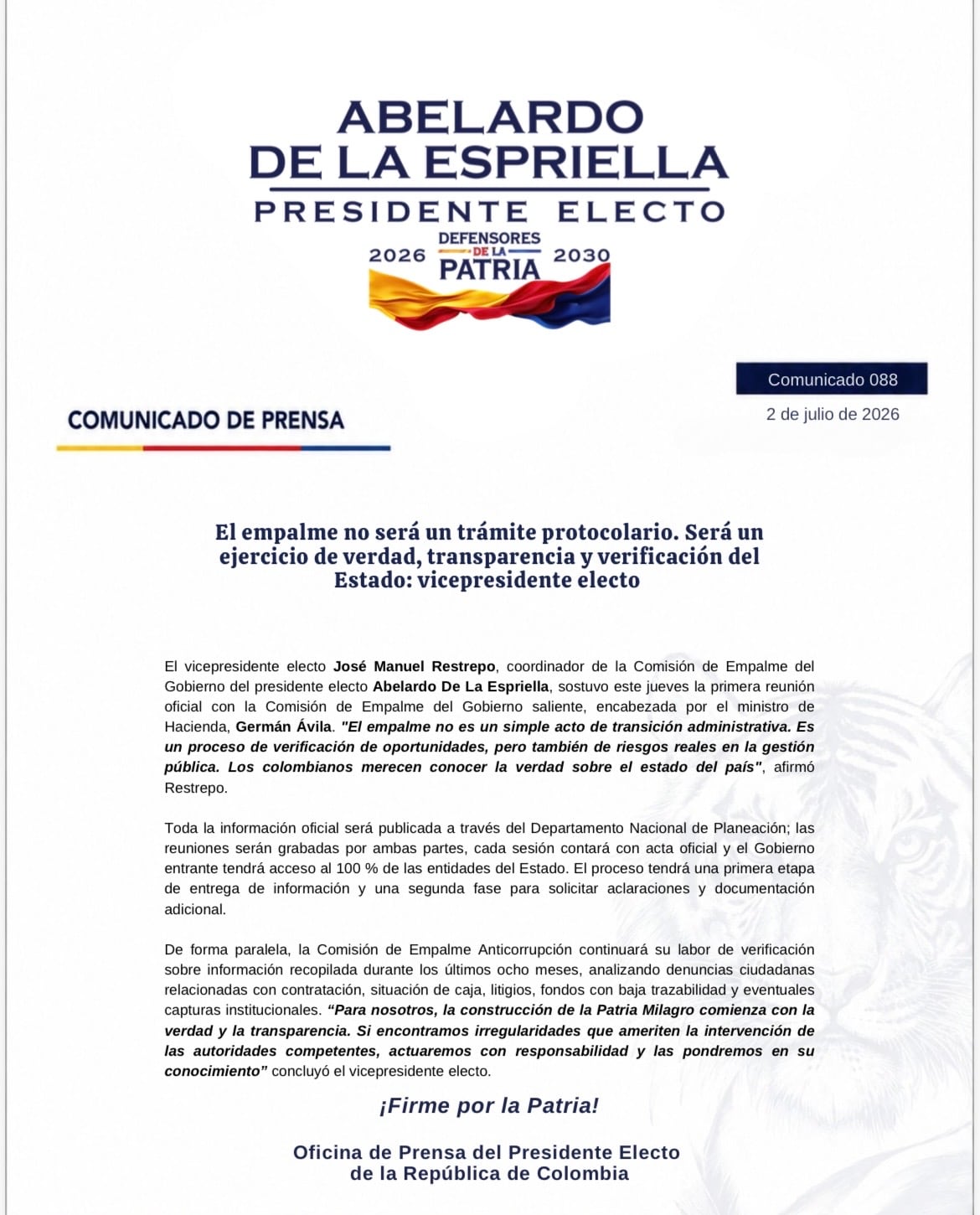 Comunicado presidente electo Abelardo De la Espriella.