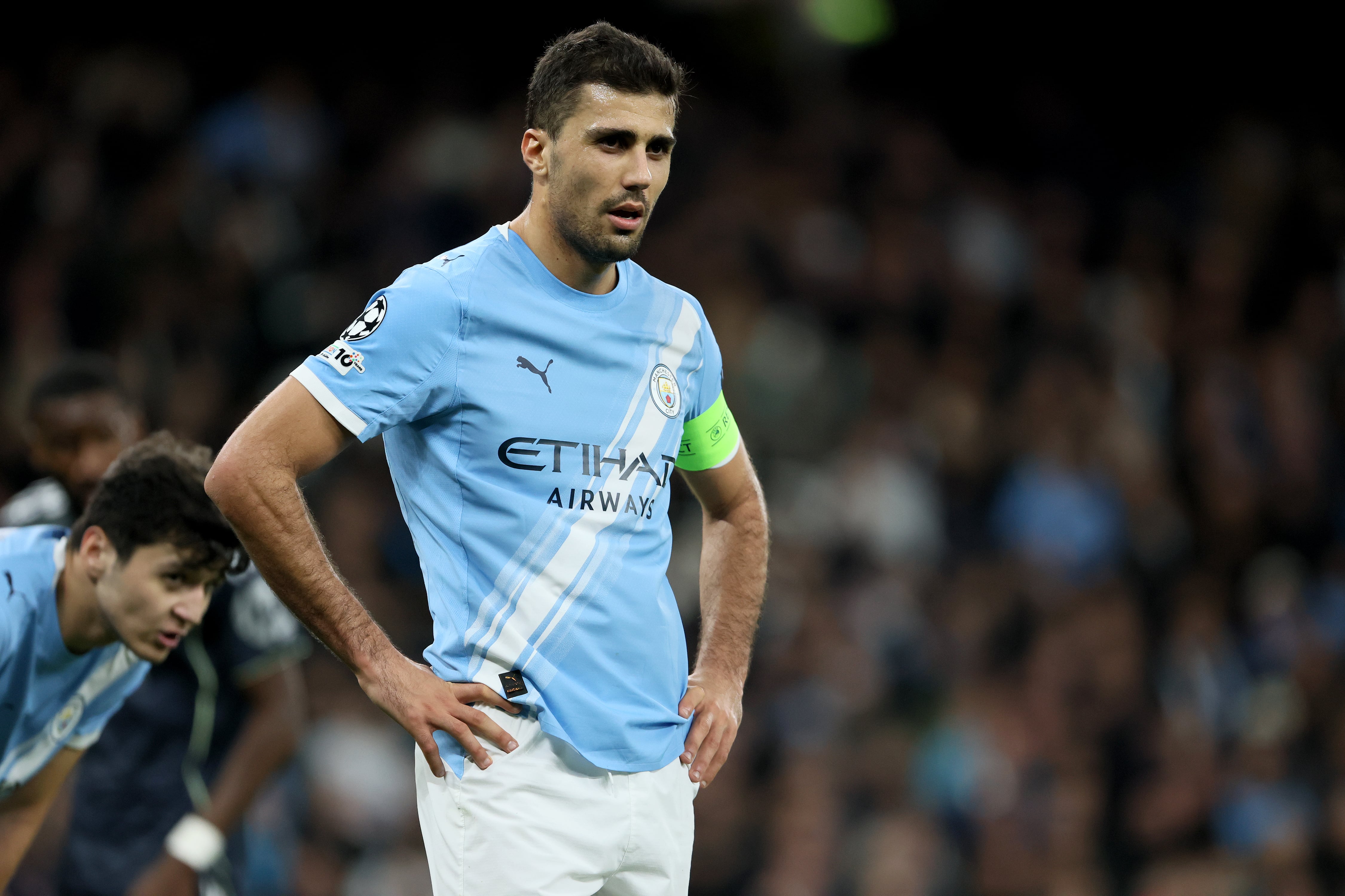 MANCHESTER, ENGLAND - MARCH 17: Rodri of Manchester City looks dejected after the UEFA Champions League 2025/26 Round of 16 Second Leg match between Manchester City FC and Real Madrid CF at City of Manchester Stadium on March 17, 2026 in Manchester, England. (Photo by Richard Sellers/Sportsphoto/Allstar via Getty Images)