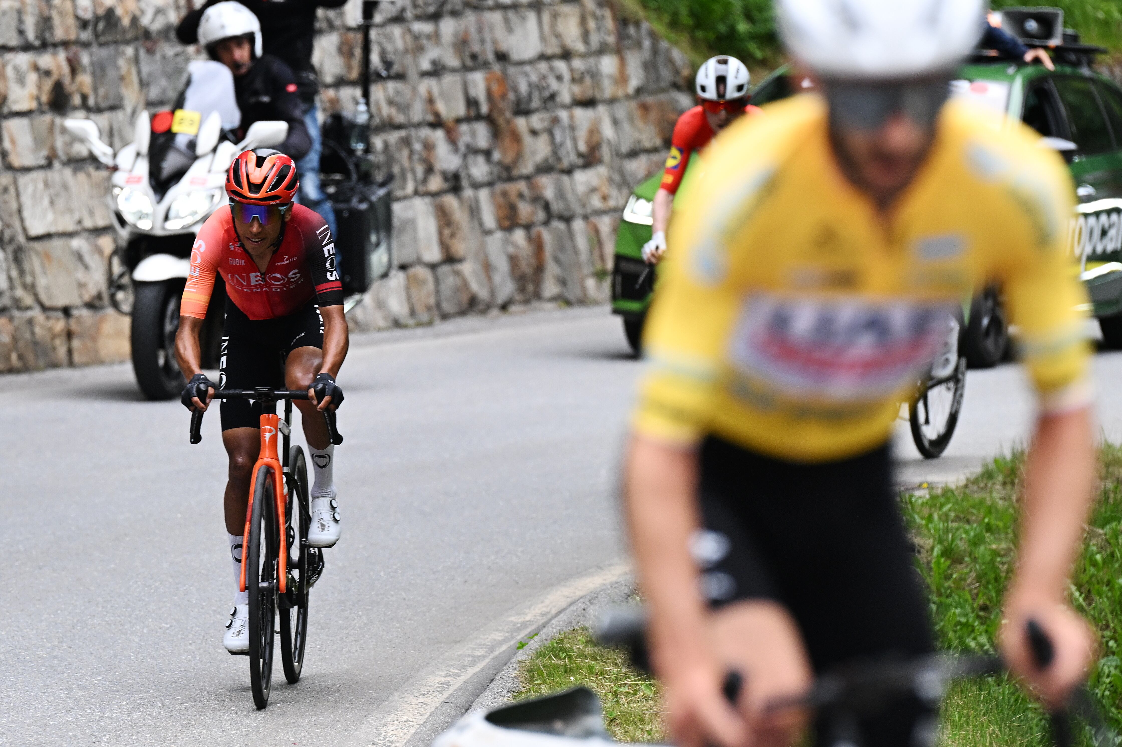 BLATTEN, SWITZERLAND - JUNE 14: Egan Bernal of Colombia and Team INEOS Grenadiers competes during the 87th Tour de Suisse 2024, Stage 6 a 42.5km stage from Ulrichen to Blatten 1330m / #UCIWT / on June 14, 2024 in Blatten, Switzerland. (Photo by Tim de Waele/Getty Images)