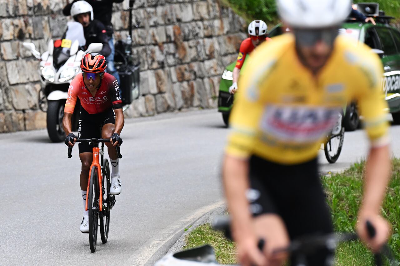 BLATTEN, SWITZERLAND - JUNE 14: Egan Bernal of Colombia and Team INEOS Grenadiers competes during the 87th Tour de Suisse 2024, Stage 6 a 42.5km stage from Ulrichen to Blatten 1330m / #UCIWT / on June 14, 2024 in Blatten, Switzerland. (Photo by Tim de Waele/Getty Images)